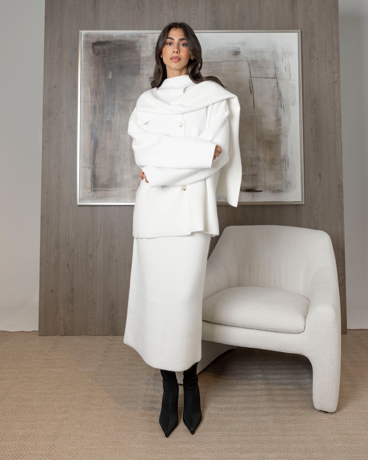 Knit Set Skirt & Cardigan with Scarf Attached