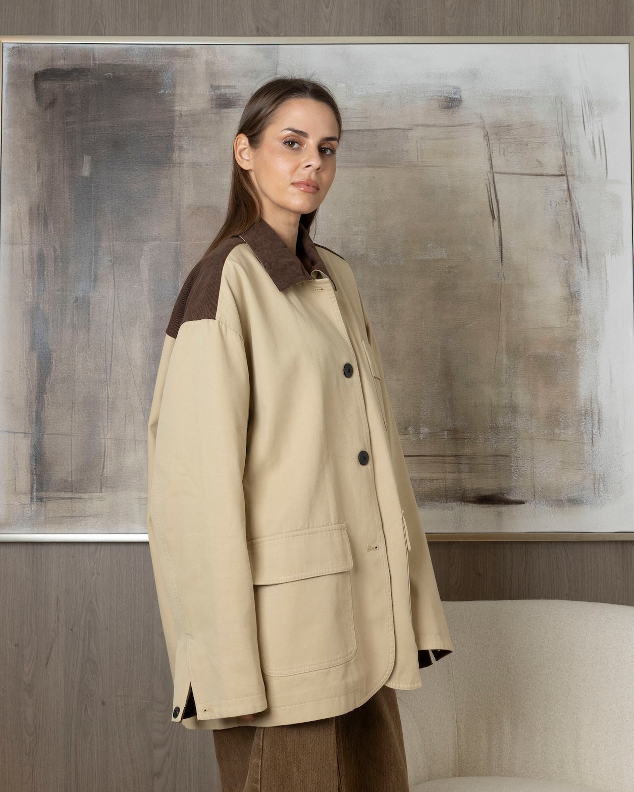 Beige Jacket with Brown Corduroy Details