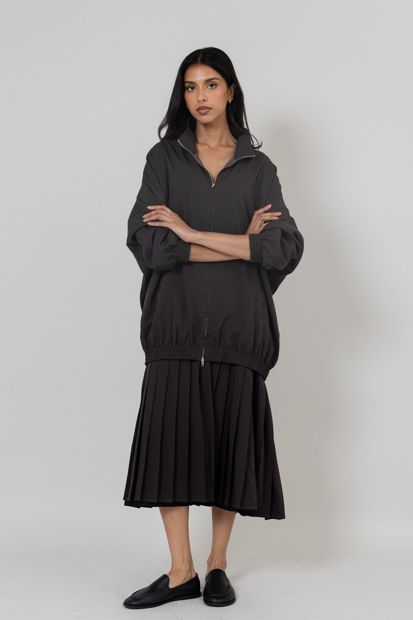 Grey Bomber-like Jacket with Attached Pleats