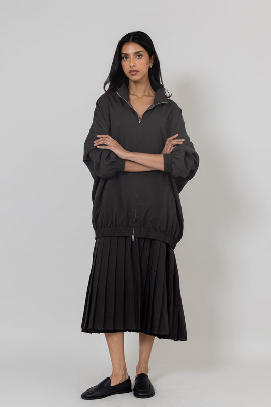 Grey Bomber-like Jacket with Attached Pleats