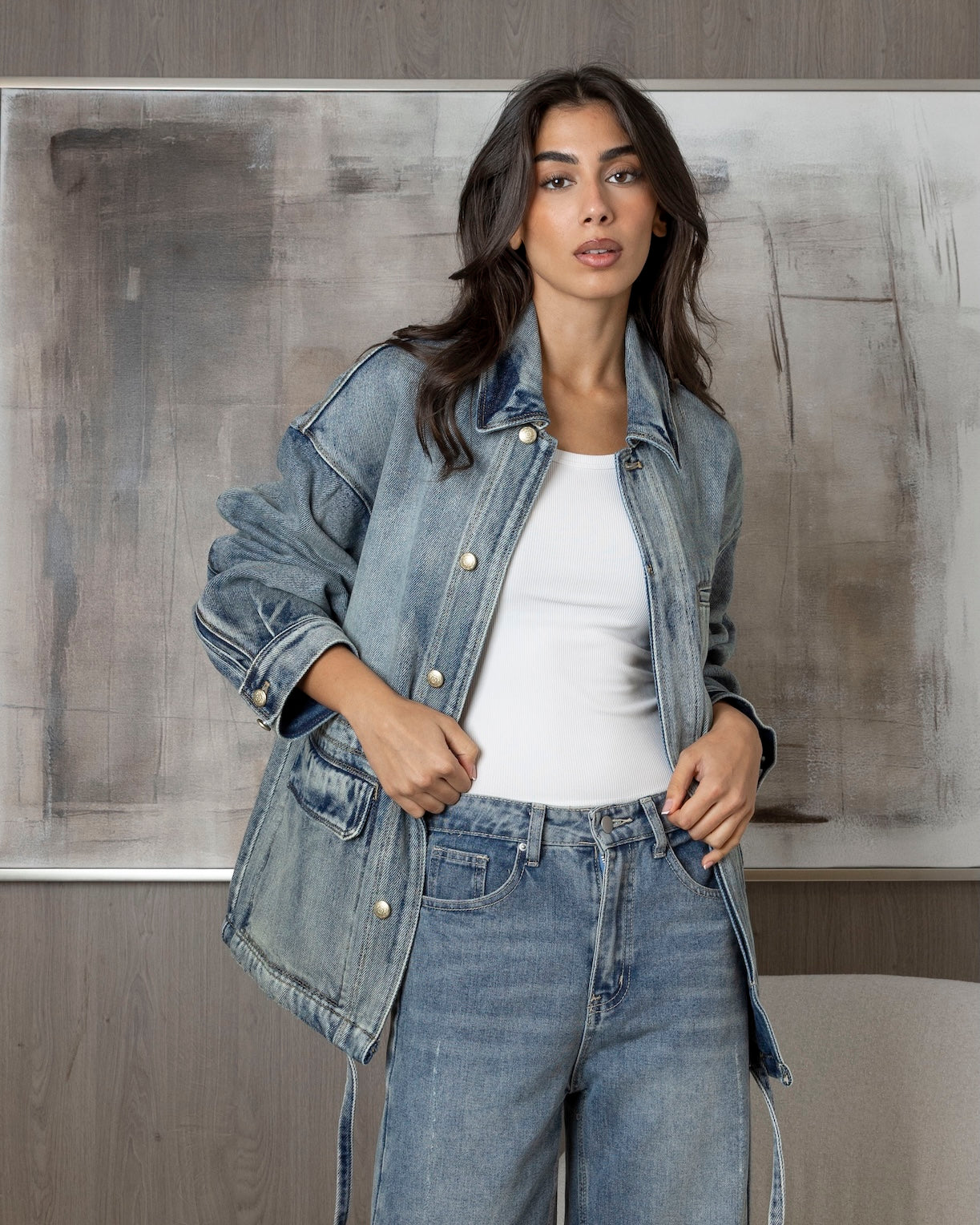 Denim Jacket with Gold Button