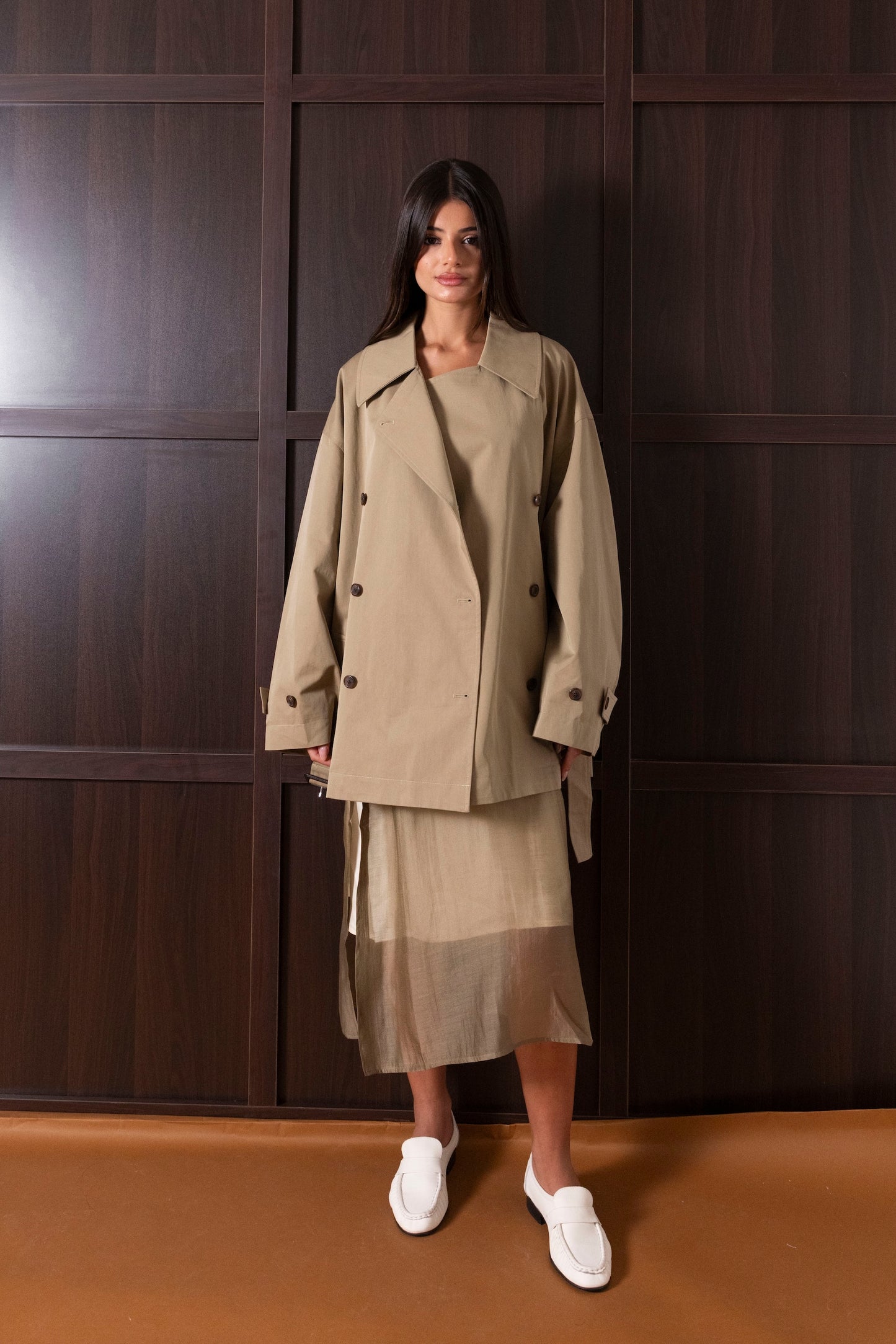Beige Short Trench Dress Set (Dress & Jacket)