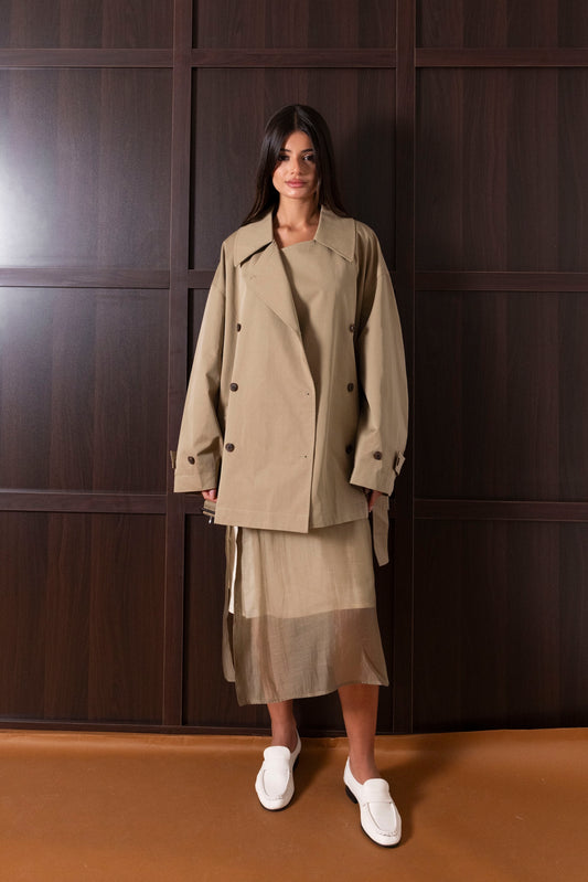 Beige Short Trench Dress Set (Dress & Jacket)