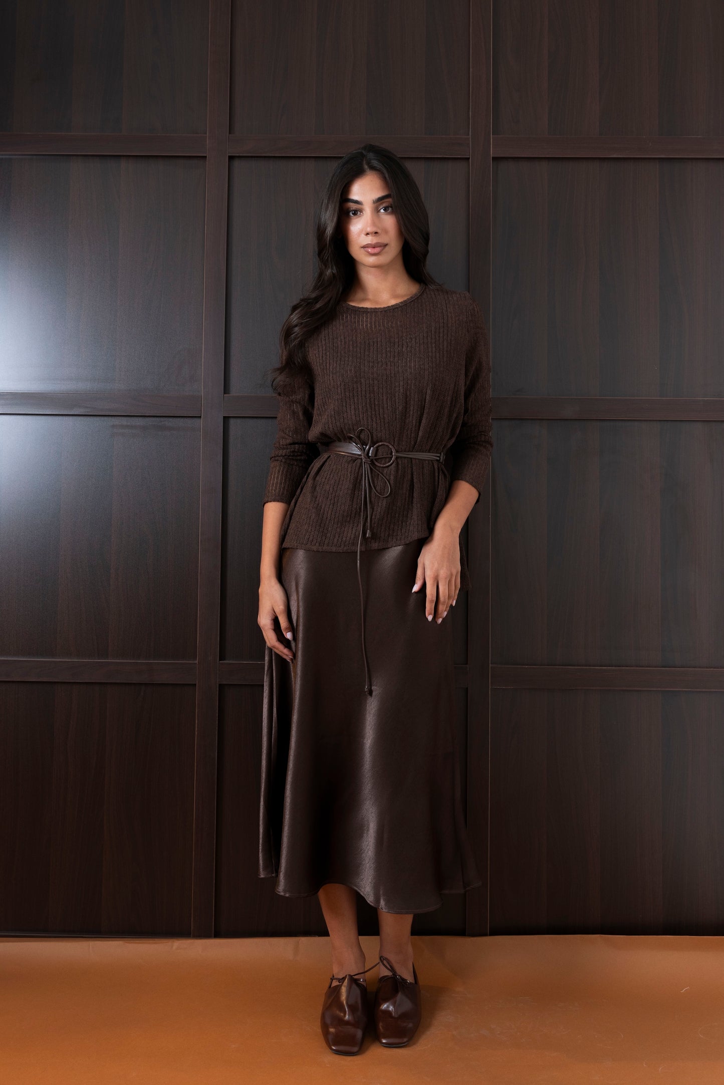 Brown Silk Dress with Top & Belt