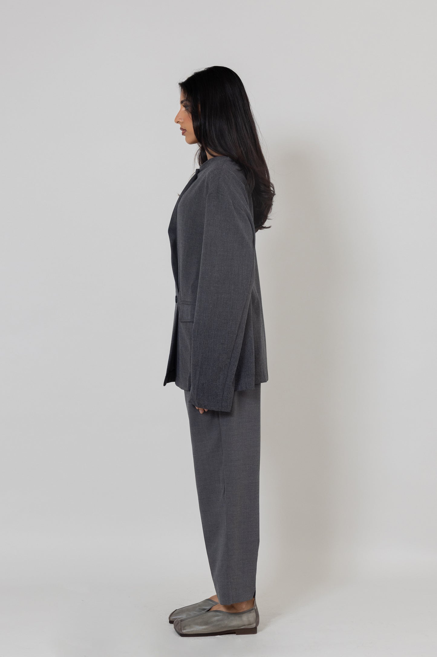 Grey Non-collared Wrap Blazer Top