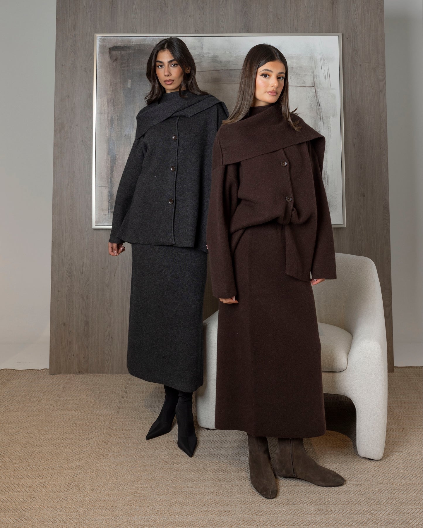 Knit Set Skirt & Cardigan with Scarf Attached