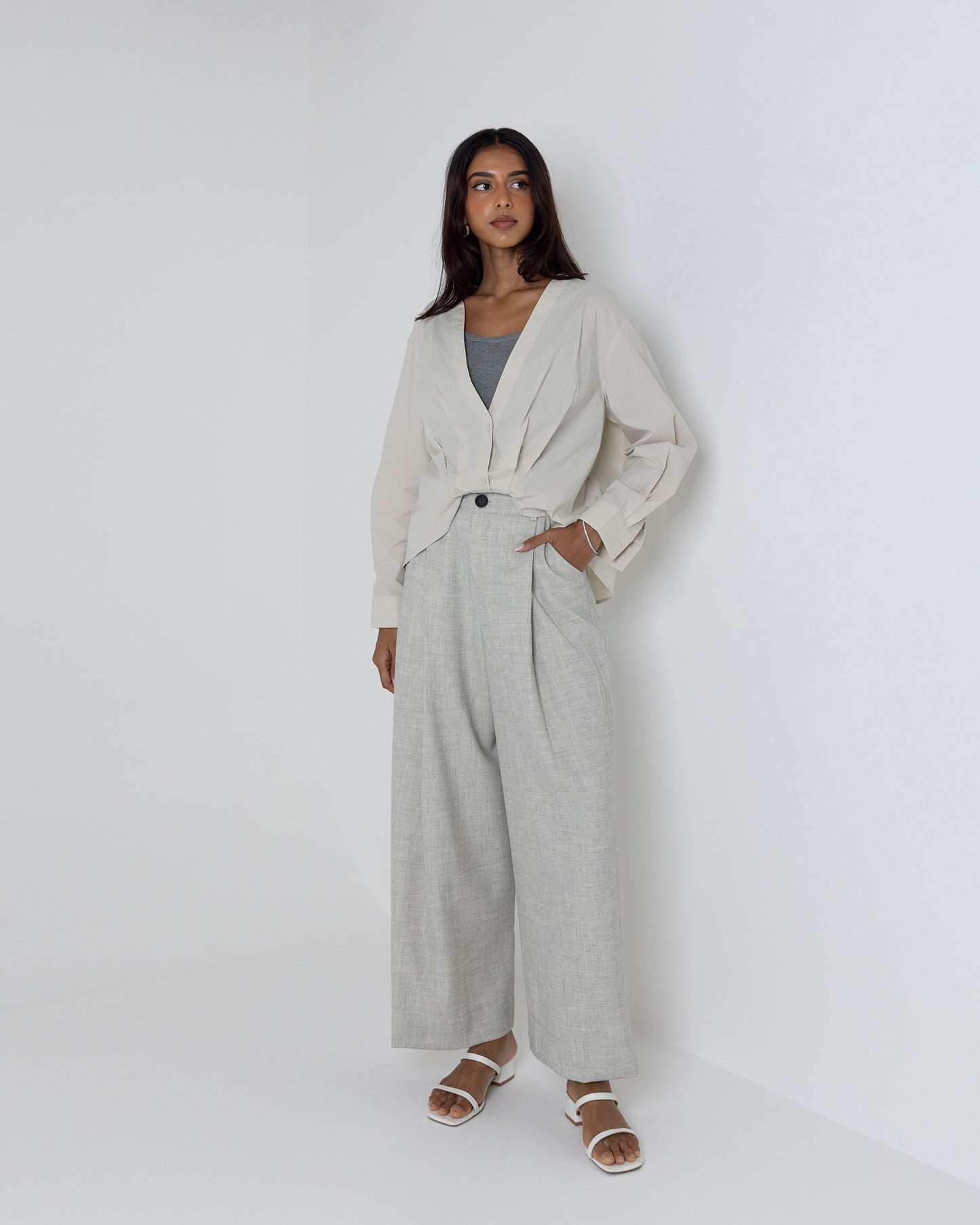 Draped Buttoned Blouse with Grey Inner