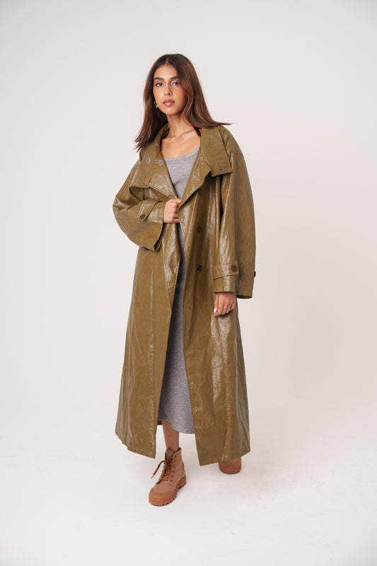 Long Faux Leather Trench