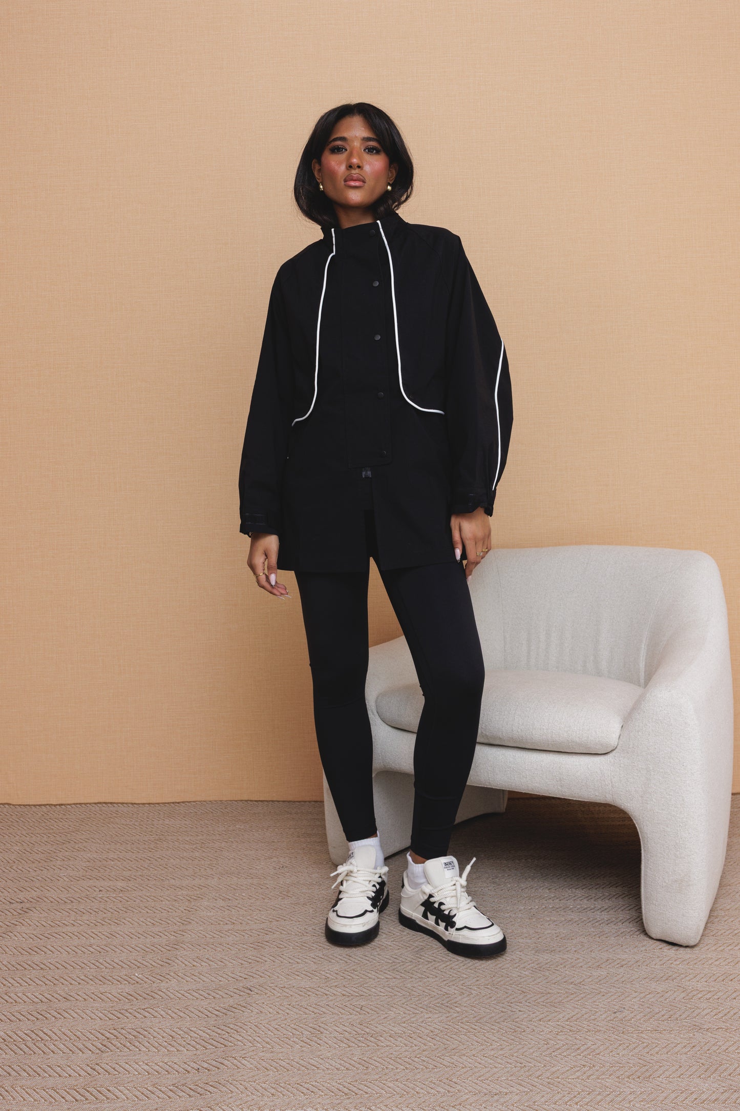 Black Parka Jacket with White Trim
