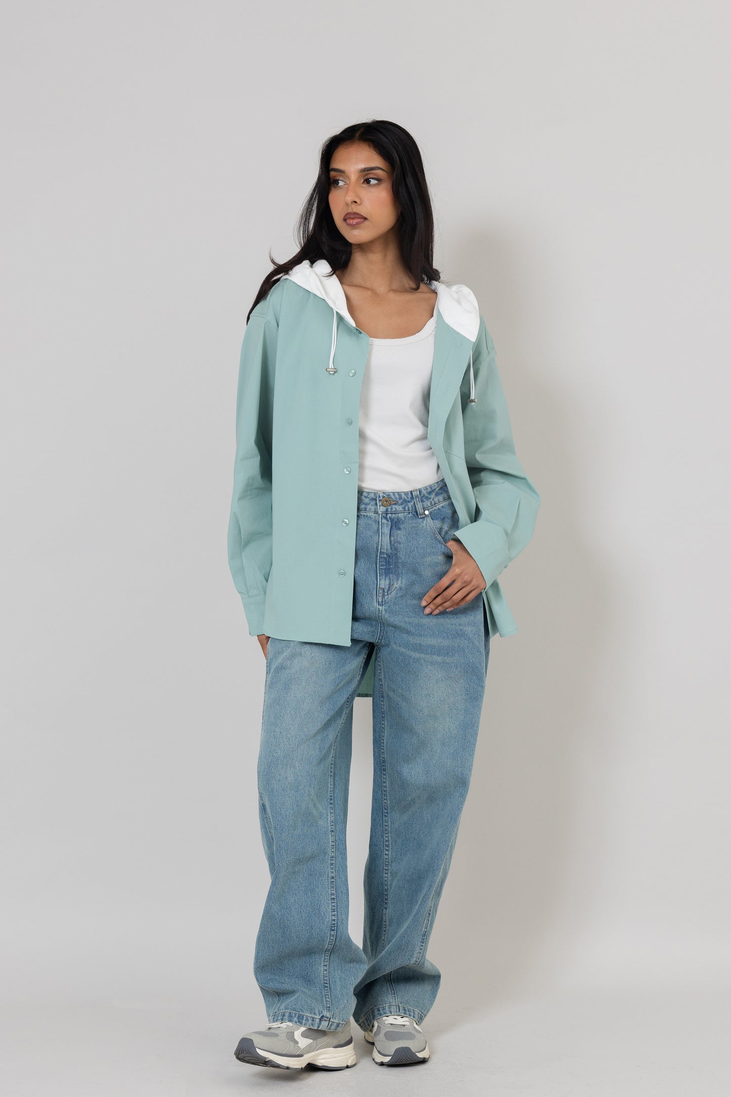 Teal Light Top with White Hoodie