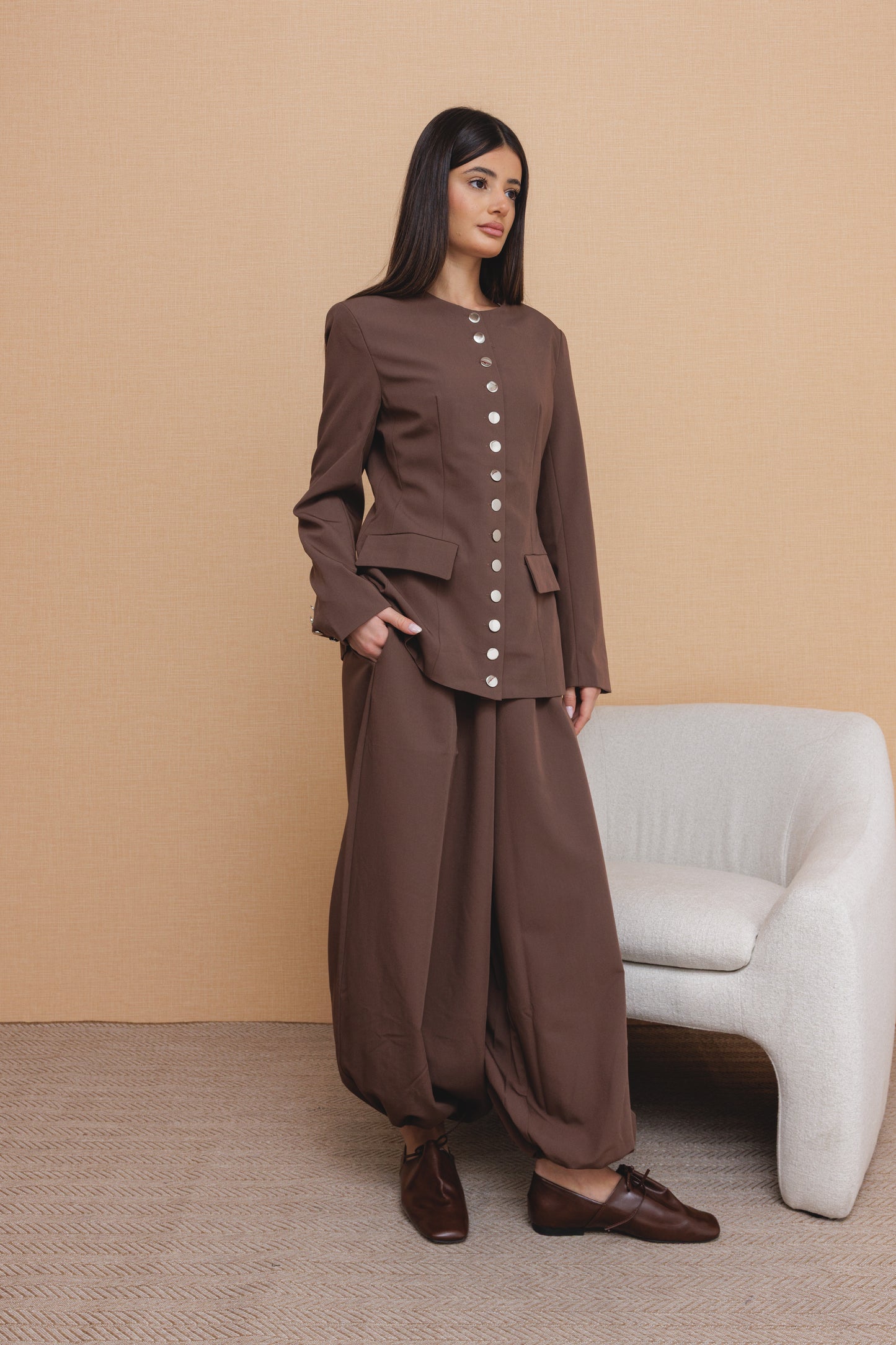 Brown Balloon Pants Buttoned Jacket Set
