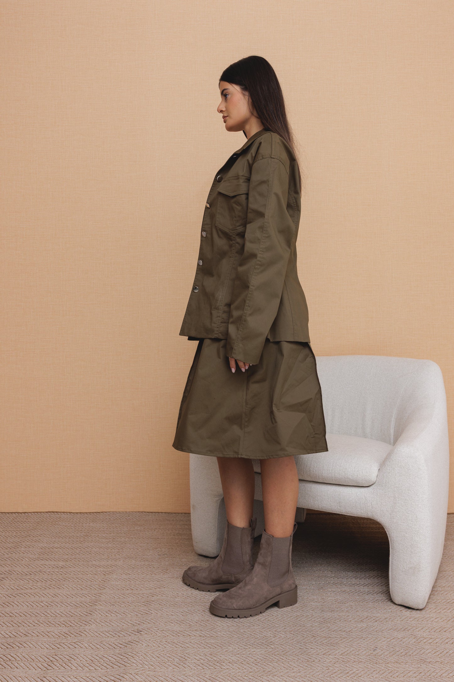 Khaki Skirt & Buttoned Jacket Set