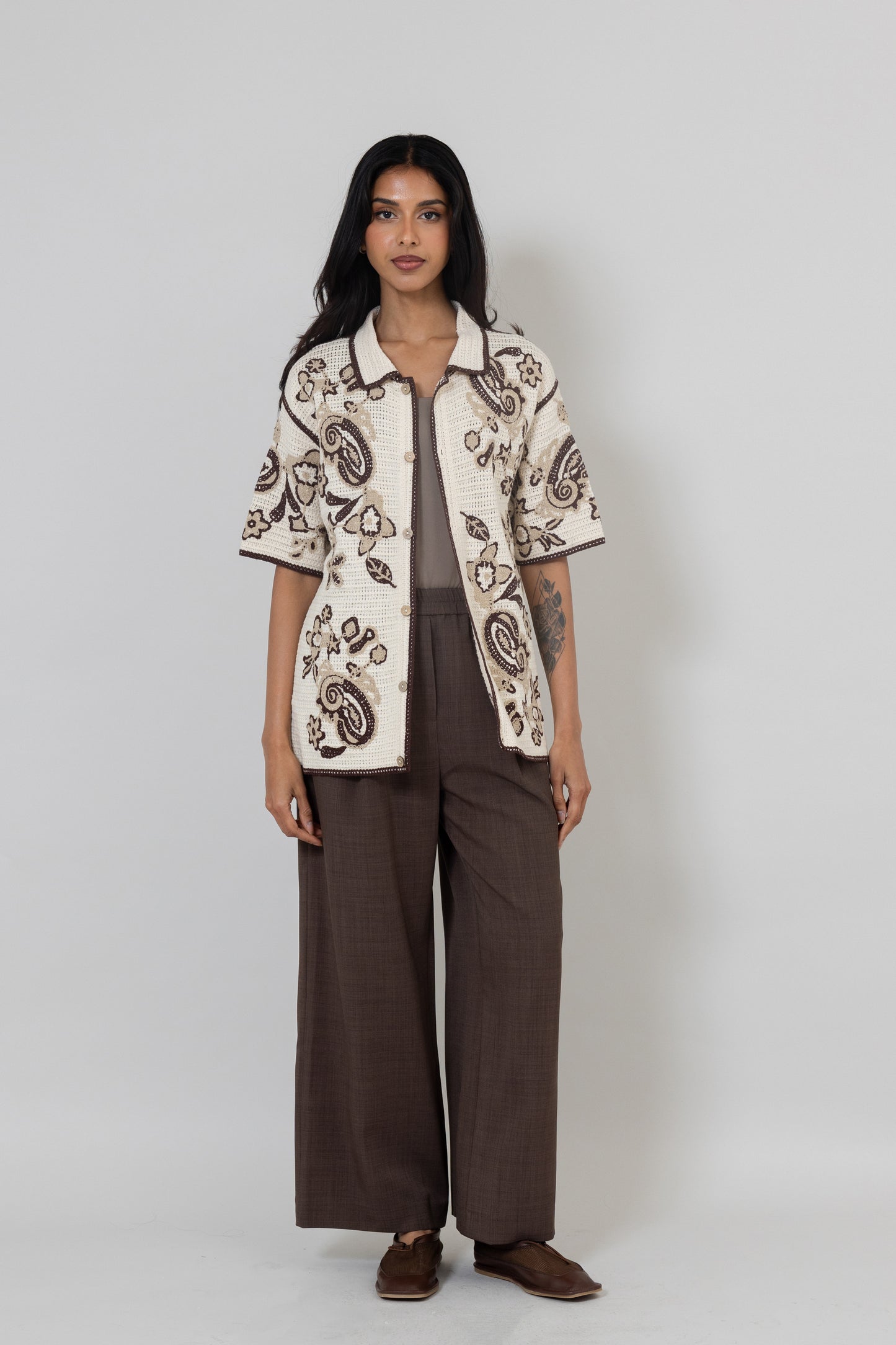 Short Sleeves Collared Brown & Beige Crochet Shirt