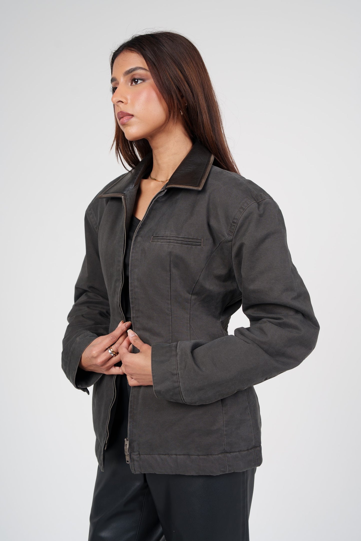 Double Zipper Cinched Denim Jacket