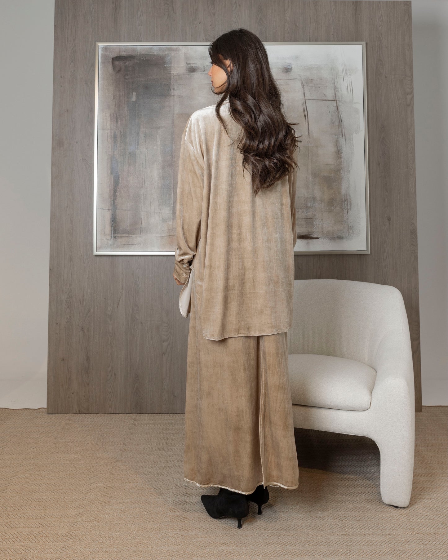 Beige Velvet Shirt & Dress Set