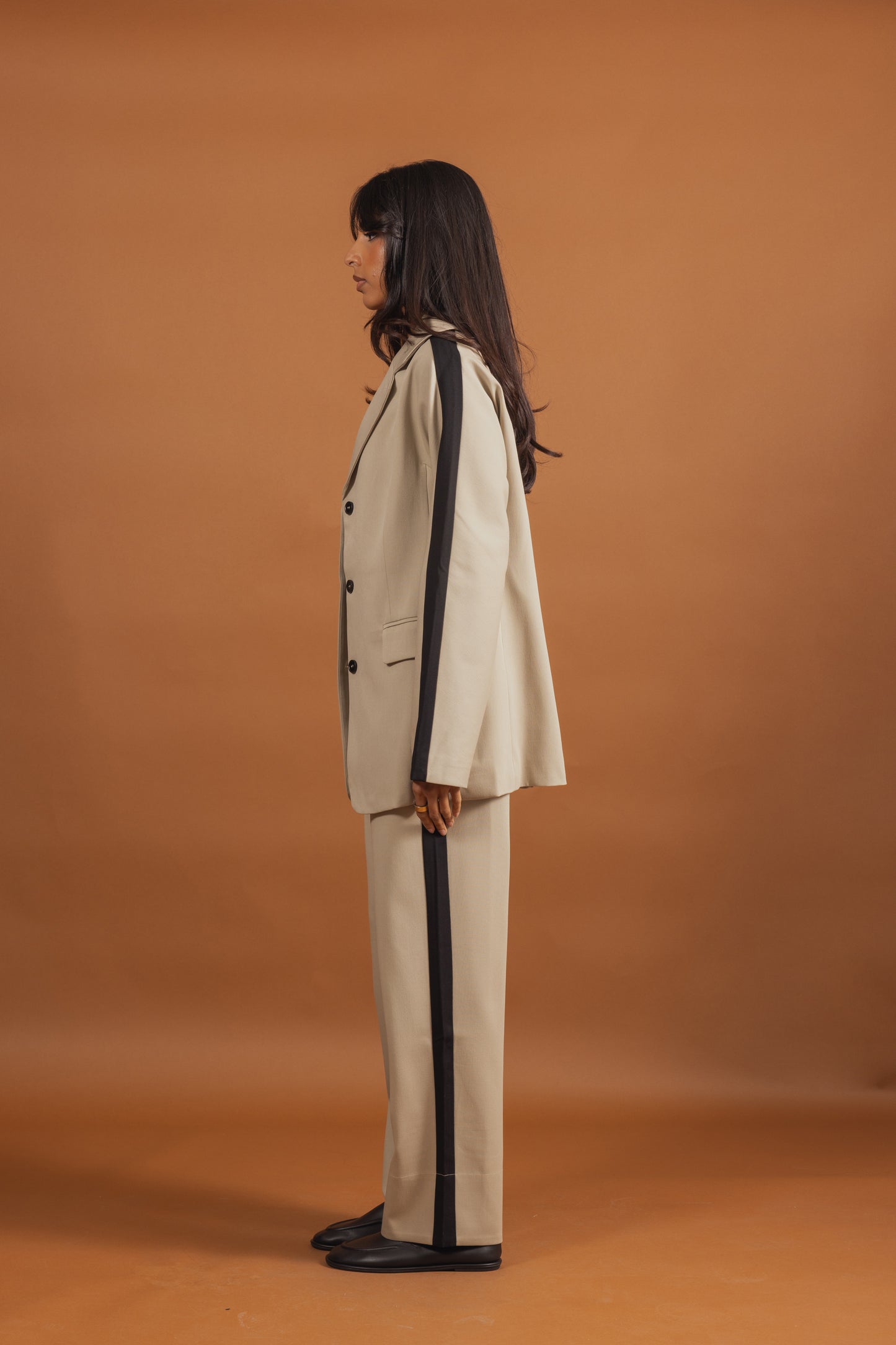 Beige Suit Set with Black Line Detail