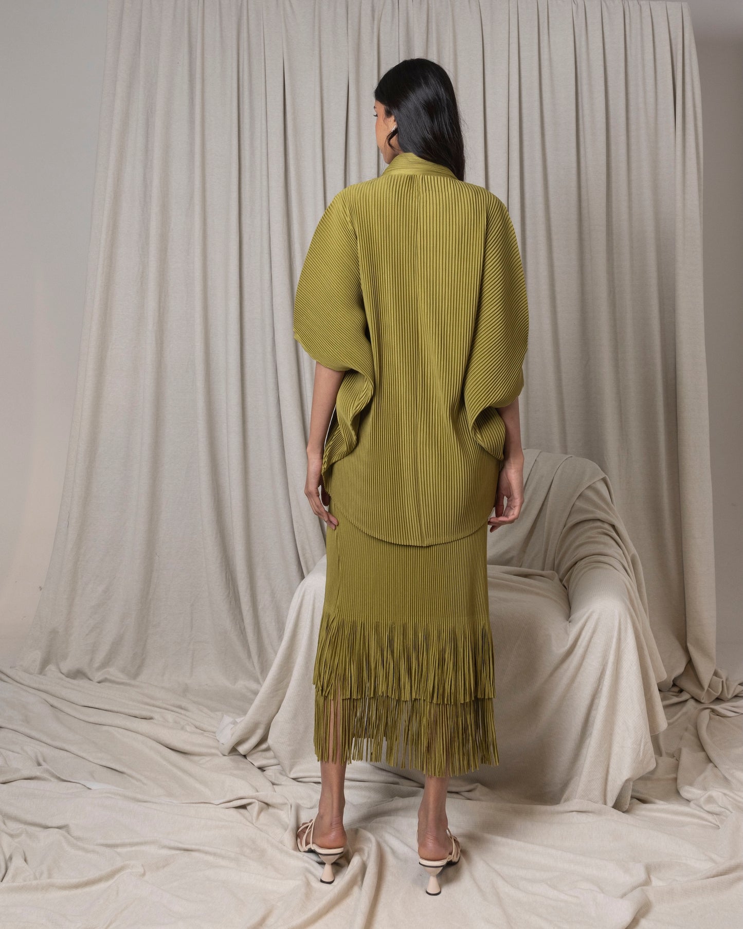 Pleated Fringed Skirt Set
