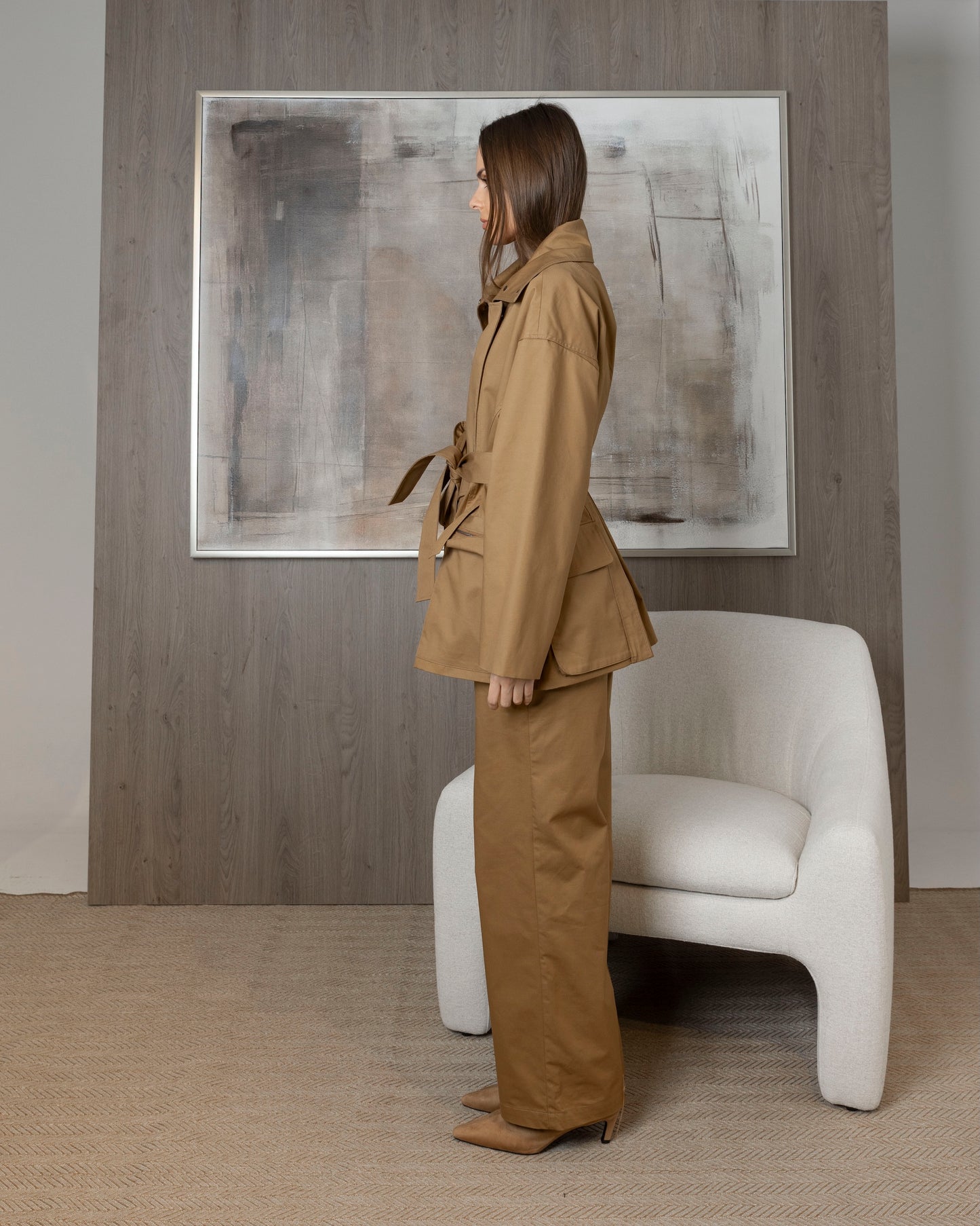 Dark Beige Short Trench with Back Pockets Set