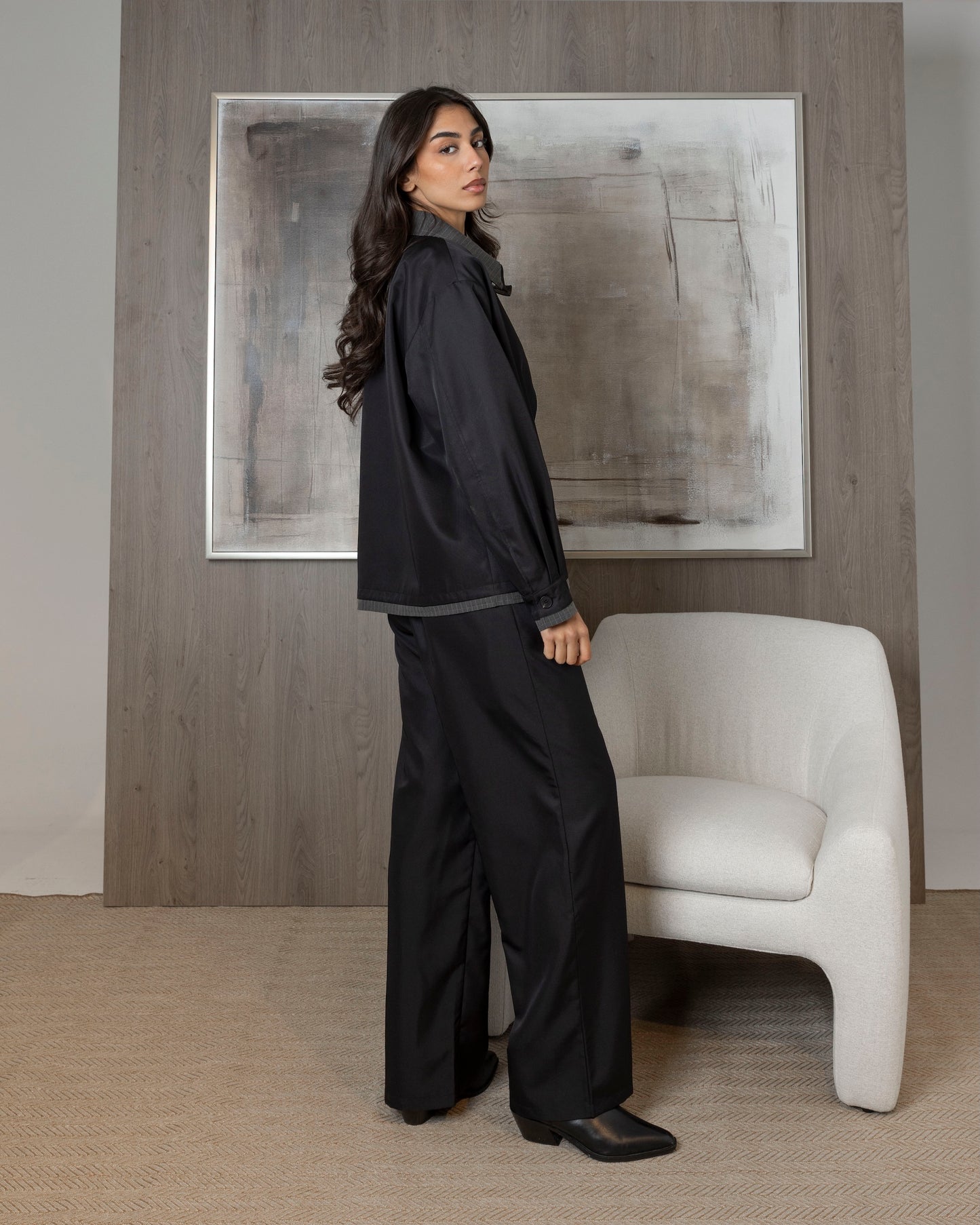 Black Jacket with Grey Striped Collar Set