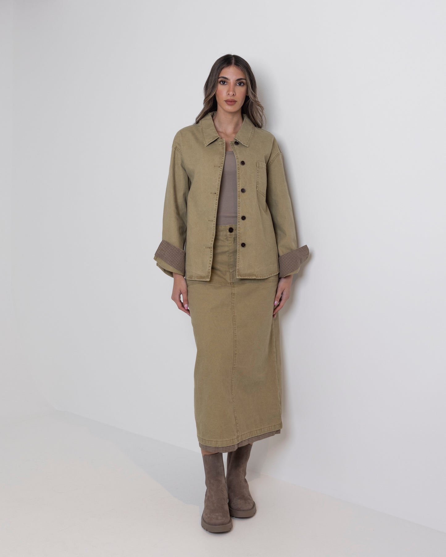 Khaki Straight Cut Skirt Set