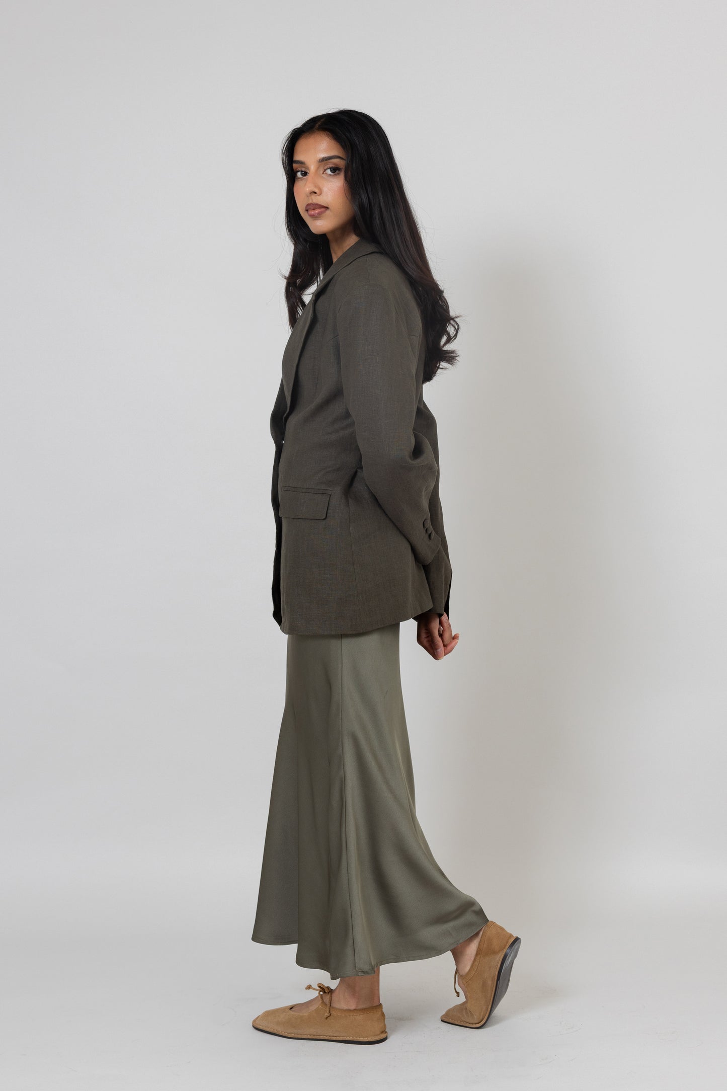 Olive Green Blazer & Silk Skirt Set