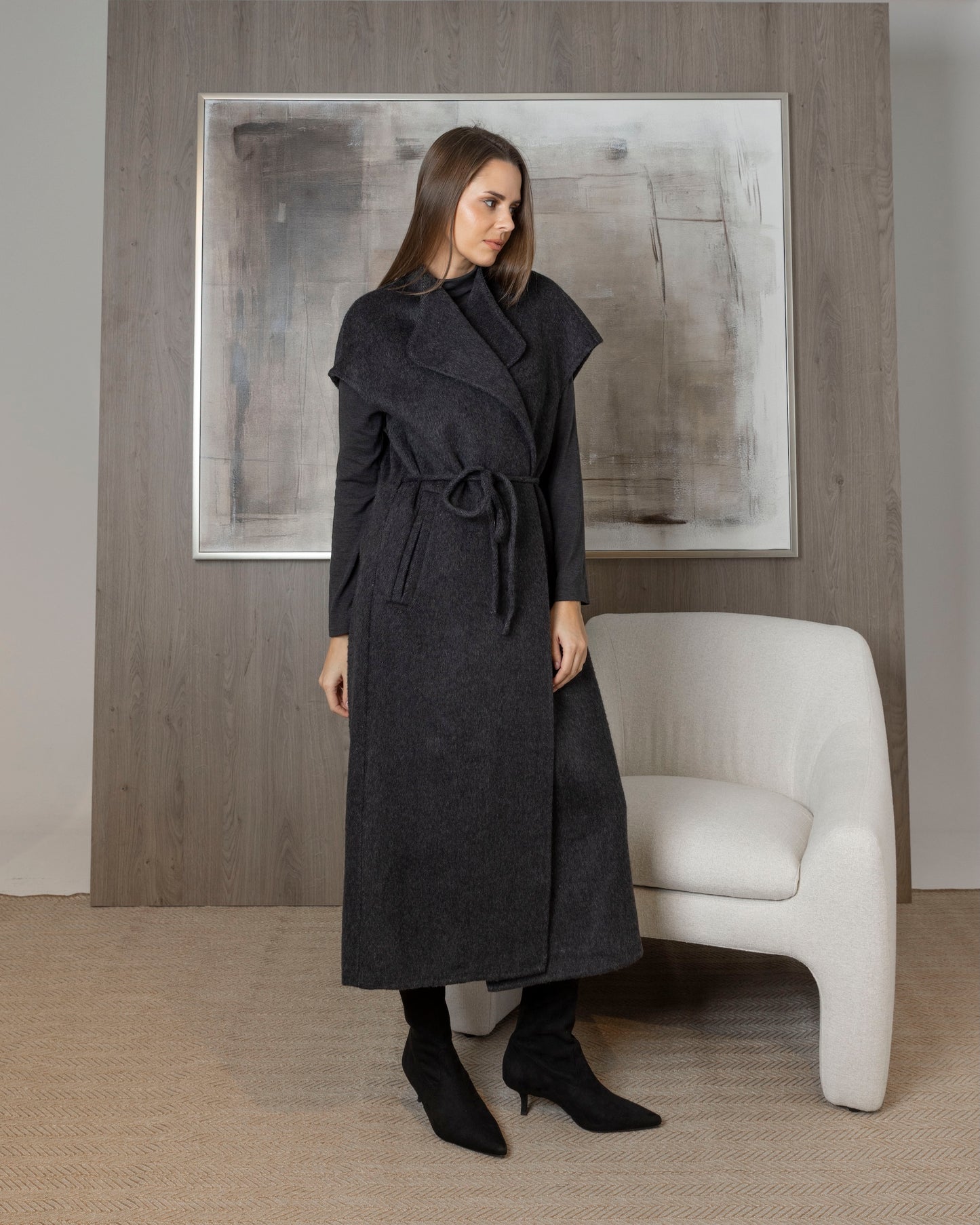 Wool Long Wrap Vest with Rope Belt