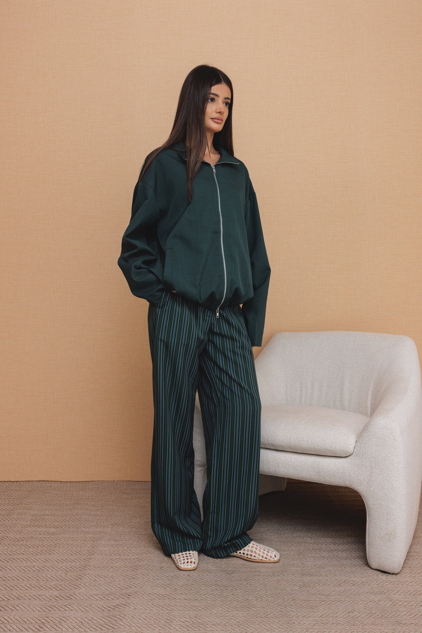 Green Striped Pants with Plain Jacket Set