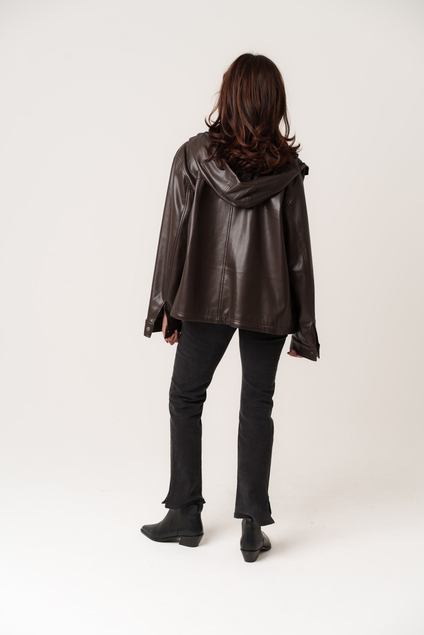 Coffee Leather Hooded Jacket