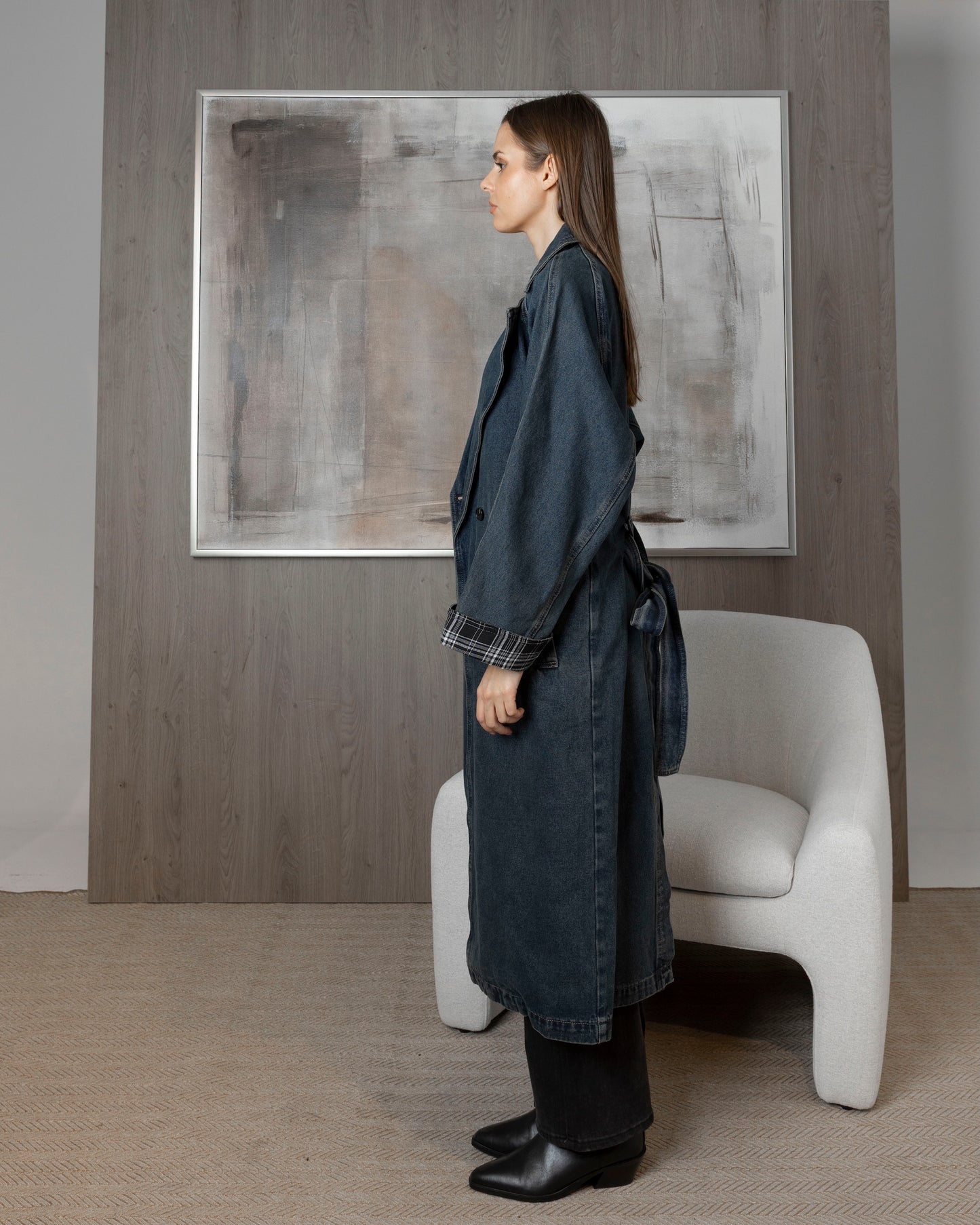 Denim Trench with Plaid Reversible Sleeve