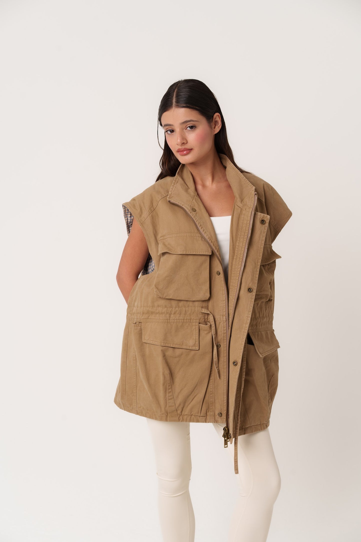 Beige Cargo Oversized Vest