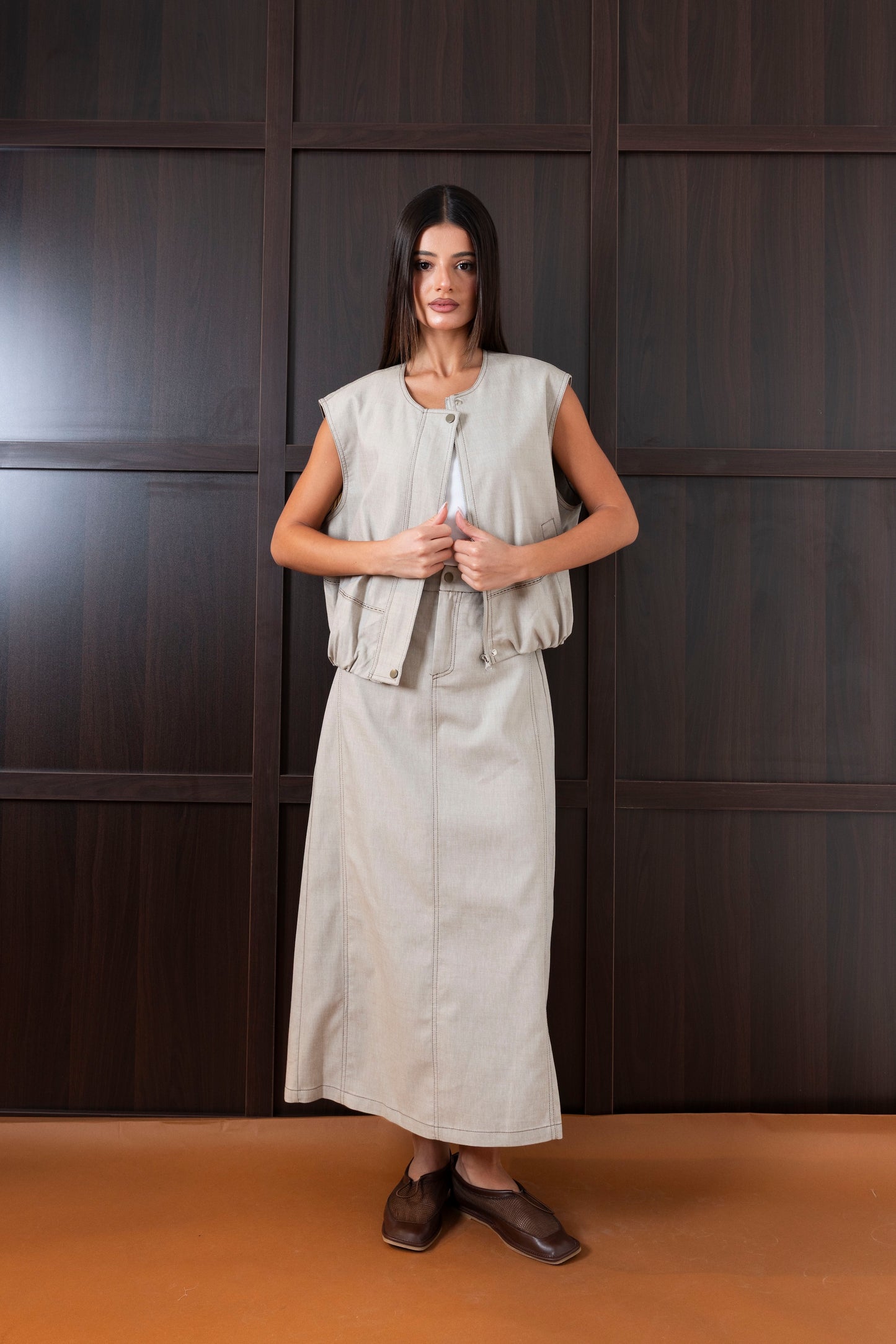 Skirt & Vest Set in Khaki