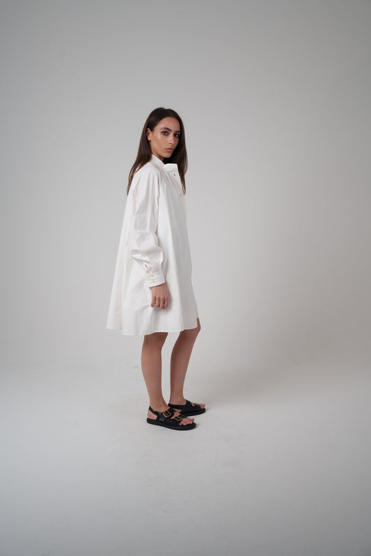 White Balloon-Sleeve Shirt Dress