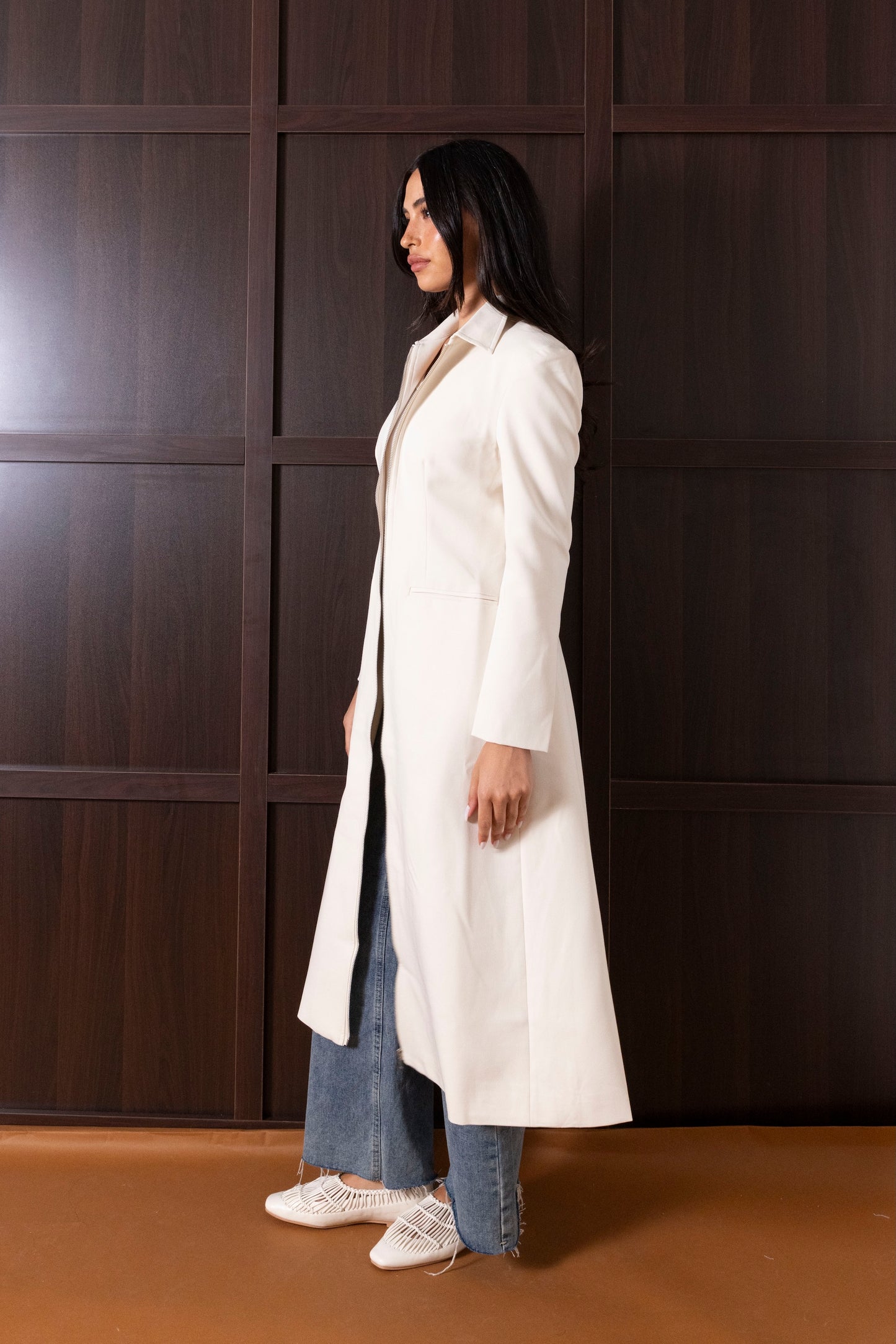 Long Structured Beige Collared Jacket