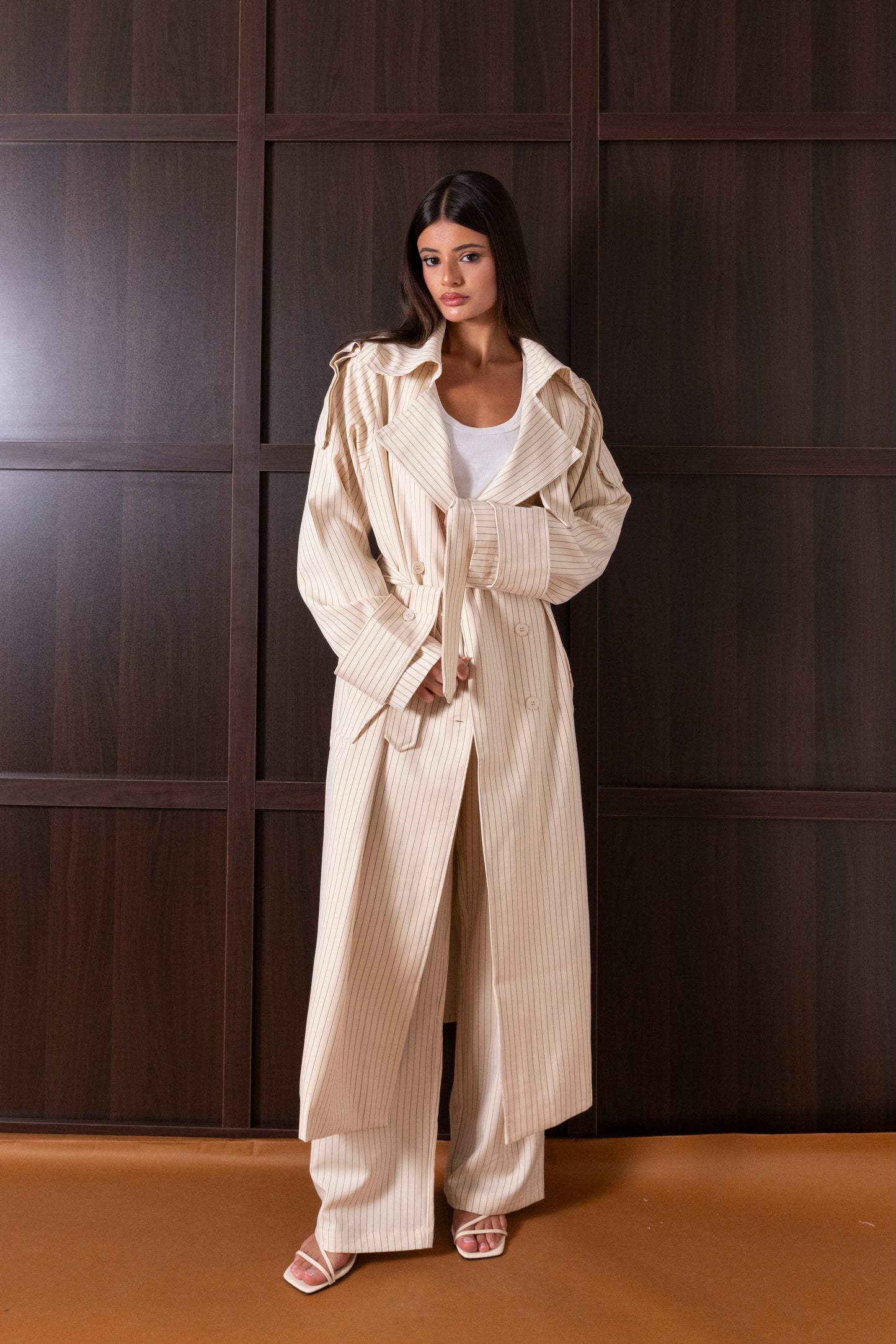 Creme Striped Trench Set