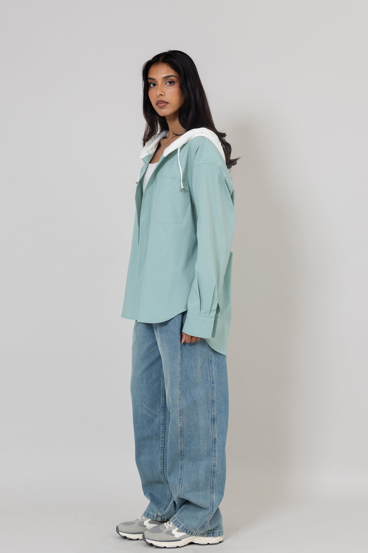 Teal Light Top with White Hoodie