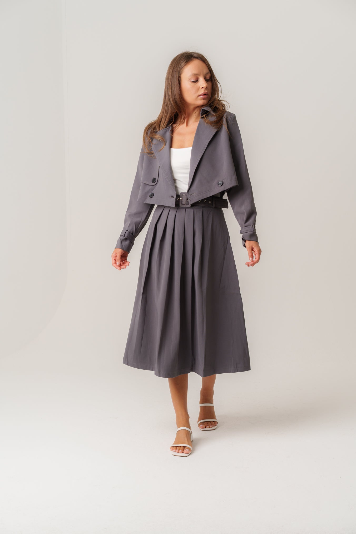 Grey Blazer Set with Pleat Skirt