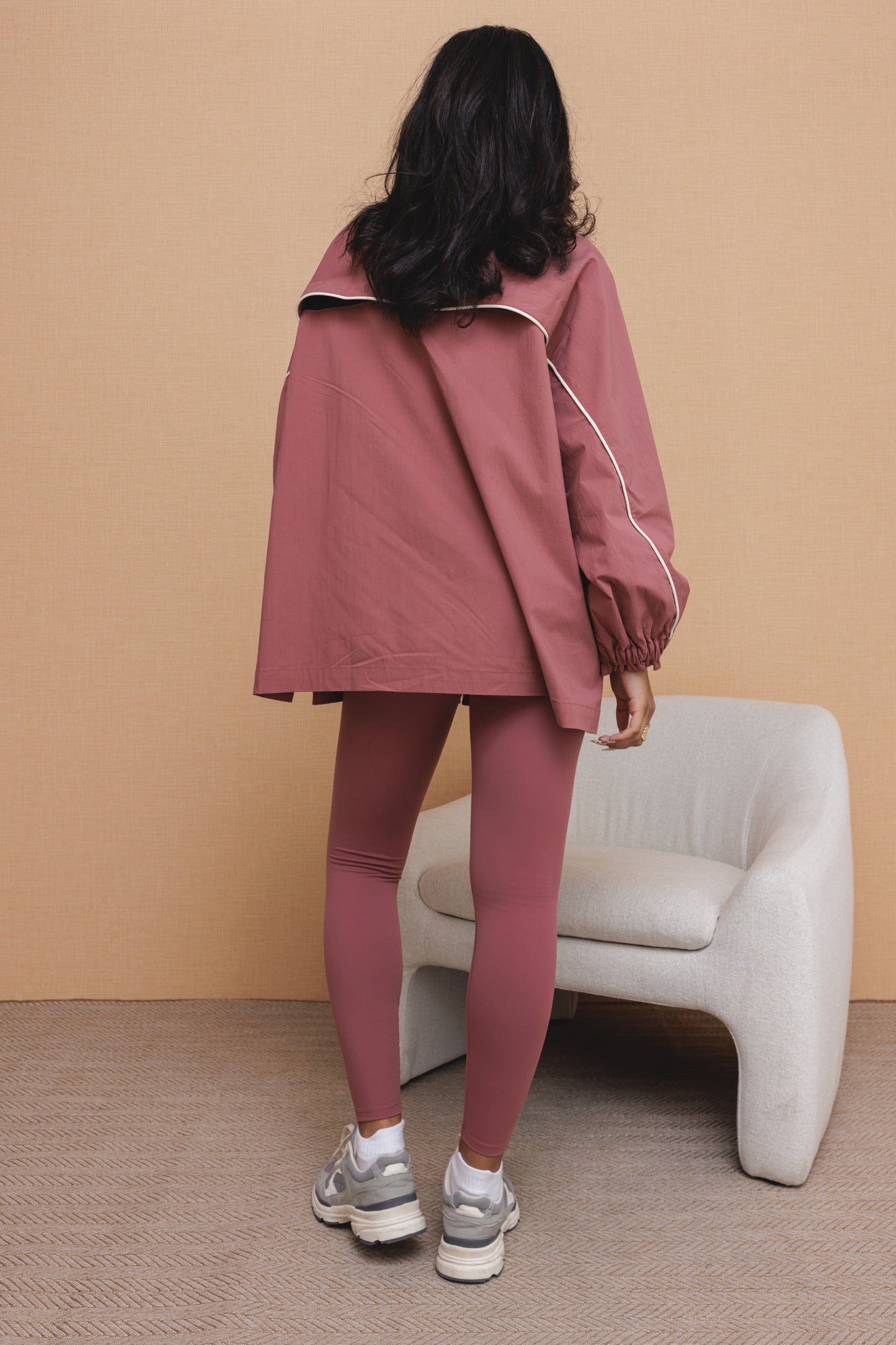 Pink Parka Jacket with Creme Trim & Pink Leggings - Set