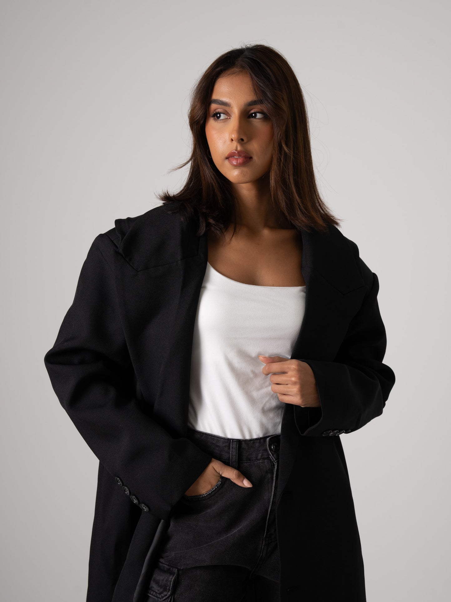 Hooded Black Long Blazer