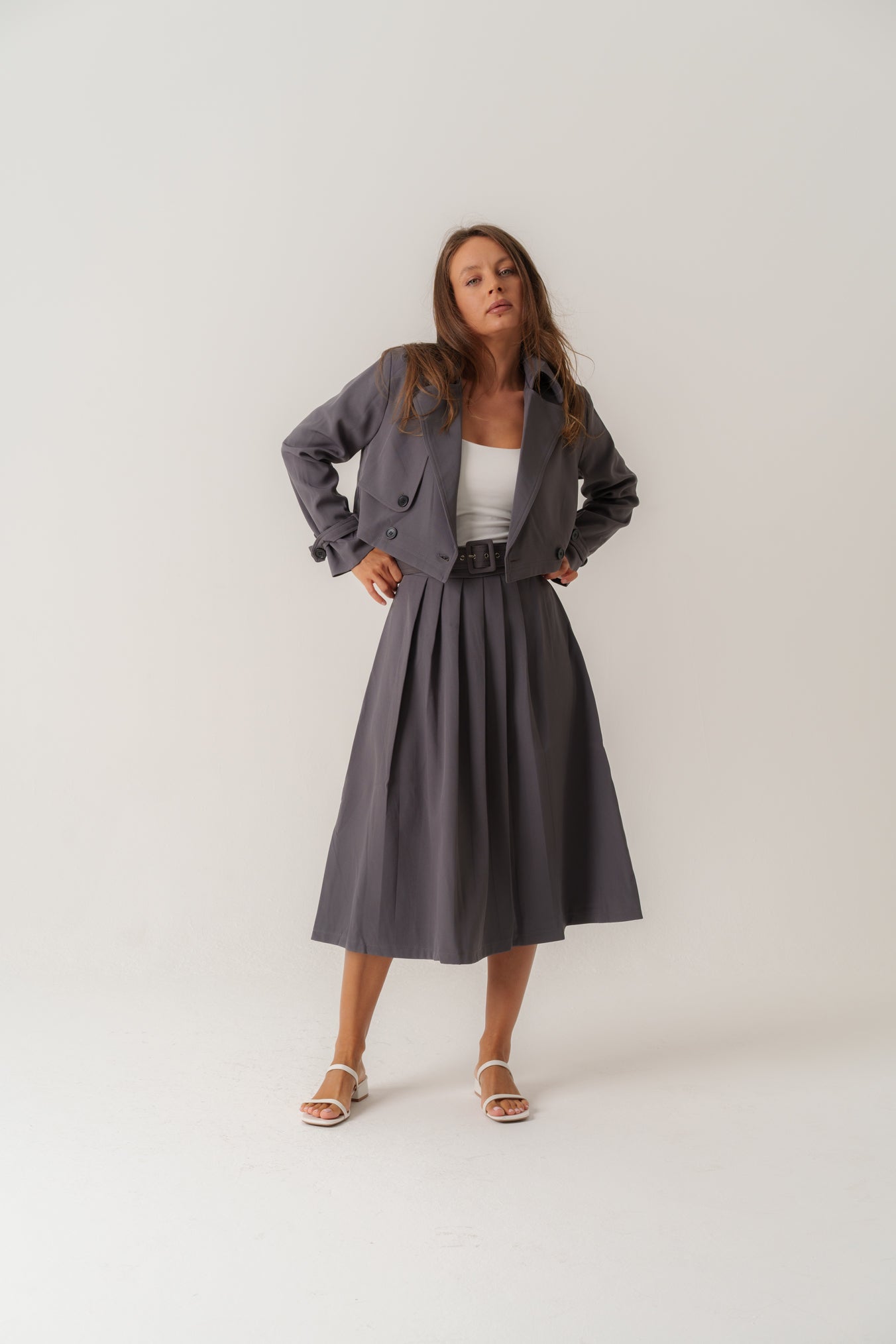 Grey Blazer Set with Pleat Skirt