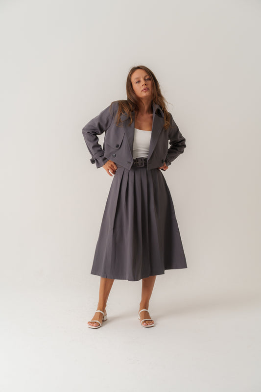 Grey Blazer Set with Pleat Skirt